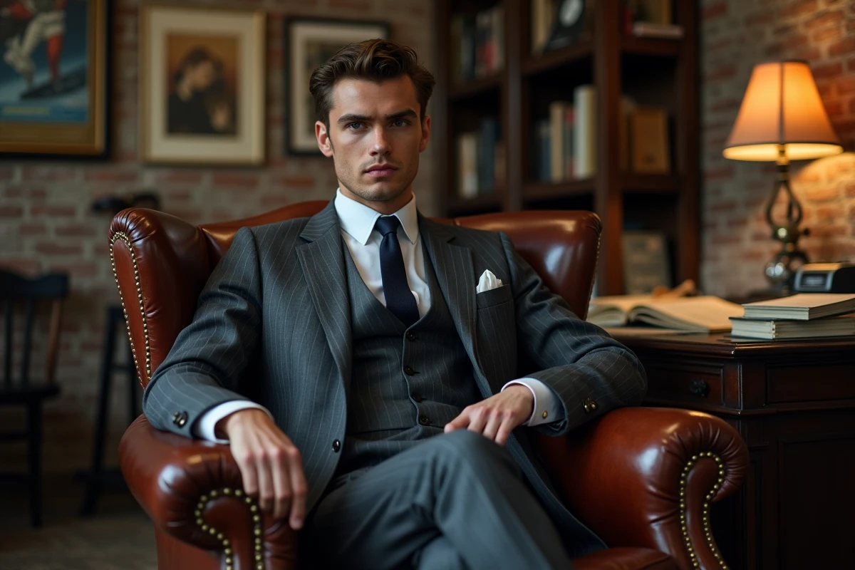 Jeune acteur du cinéma français en costume gris dans un bureau de production vintage, portrait éditorial