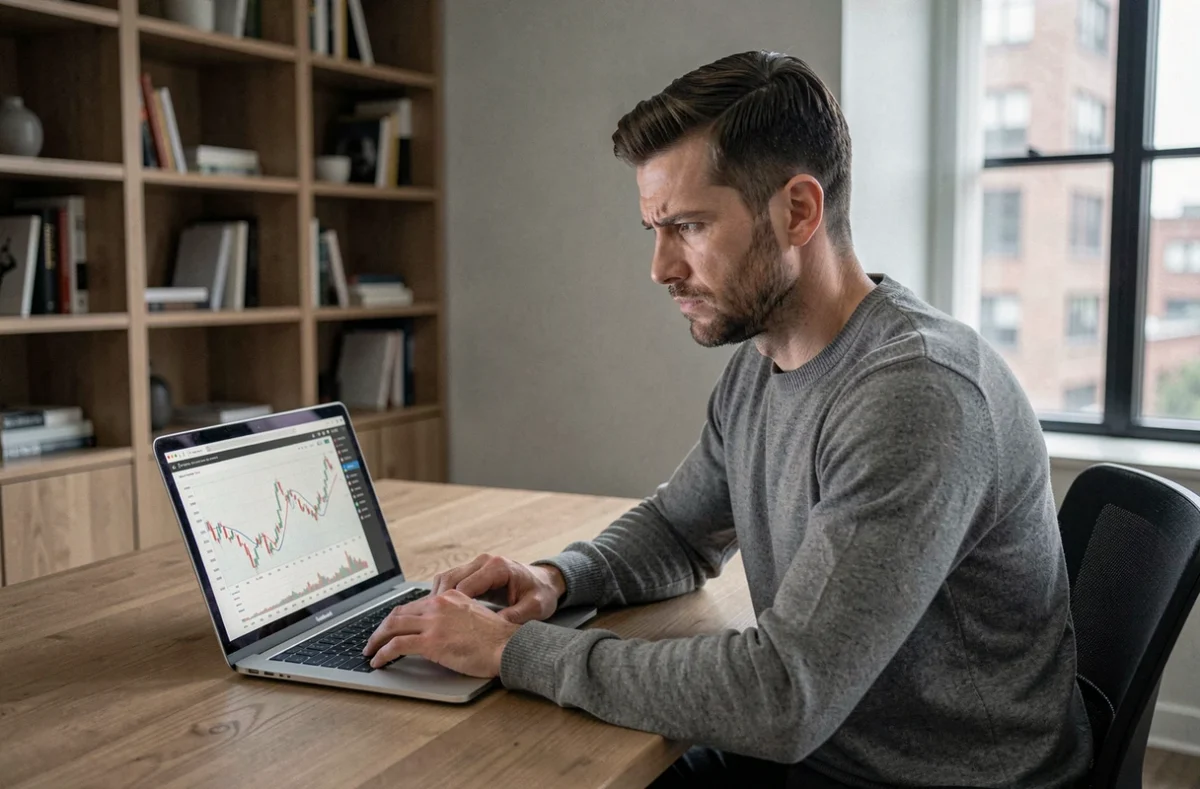 Homme analysant des graphiques financiers sur eToro avec une expression critique, illustrant l'importance de connaître les limites d'une plateforme d'investissement