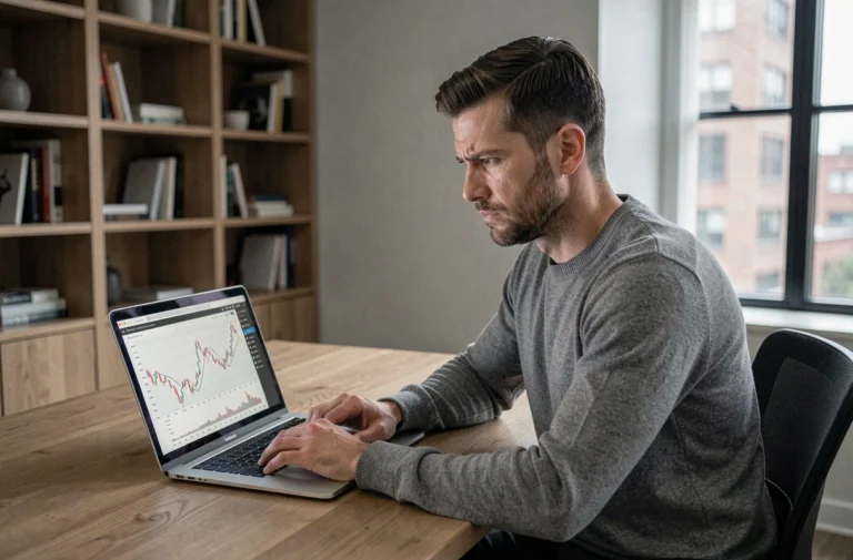 Homme analysant des graphiques financiers sur eToro avec une expression critique, illustrant l'importance de connaître les limites d'une plateforme d'investissement