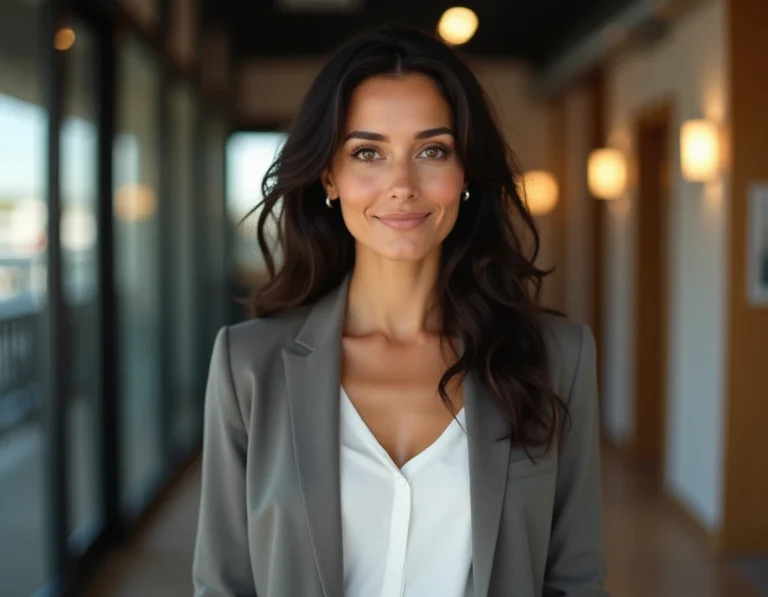 Femme animatrice de télévision aux traits méditerranéens dans un couloir de studio moderne, portrait trois quarts naturel et élégant