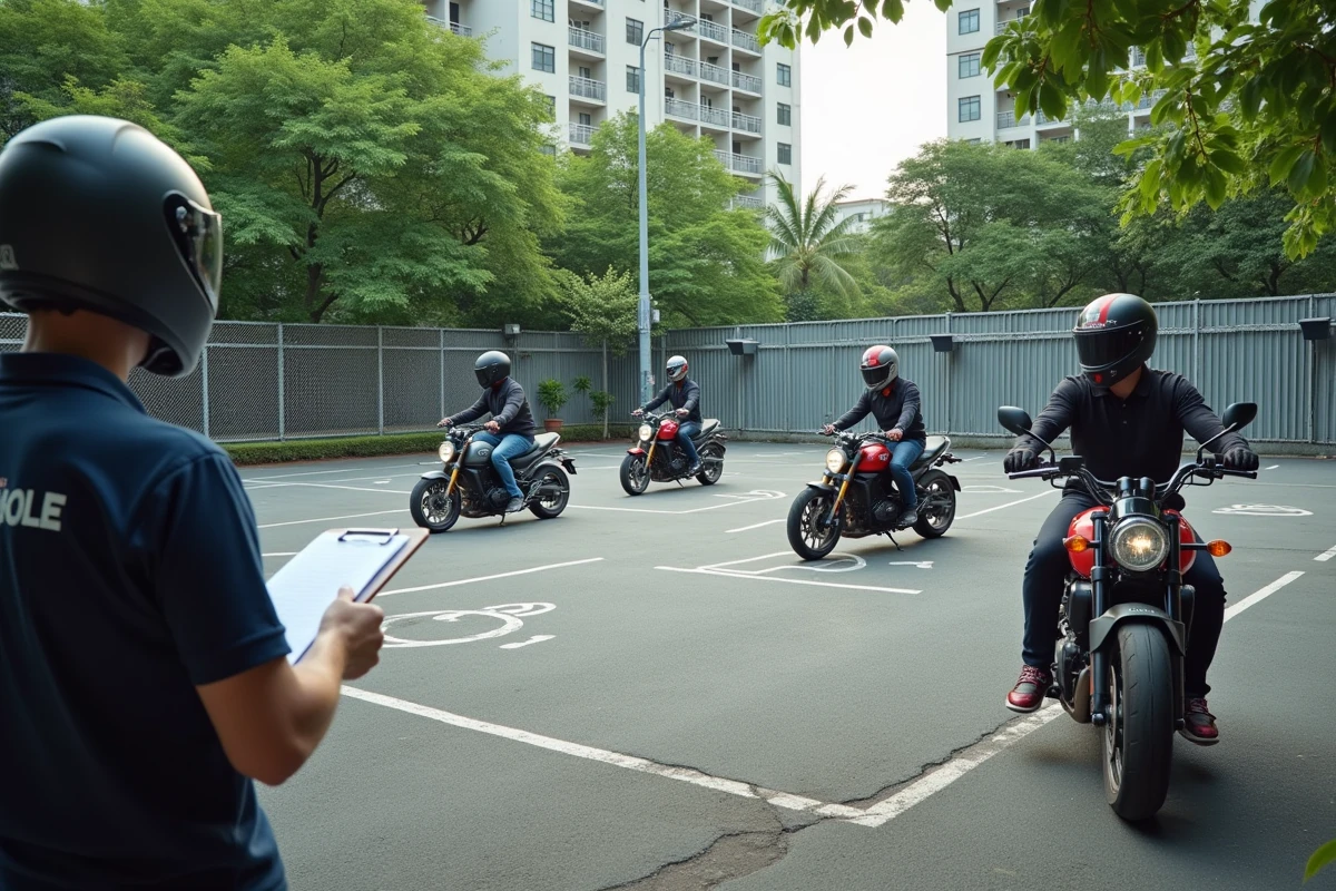 Apprentis motards en combinaison de protection s'entraînant à des manœuvres lentes sous la supervision d'instructeurs dans un centre de formation
