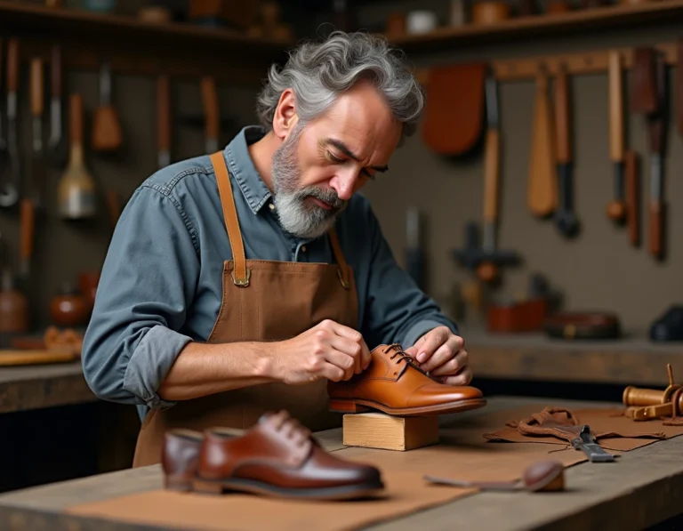 Artisan cordonnier italien cousant à la main une chaussure Oxford en cuir dans un atelier traditionnel