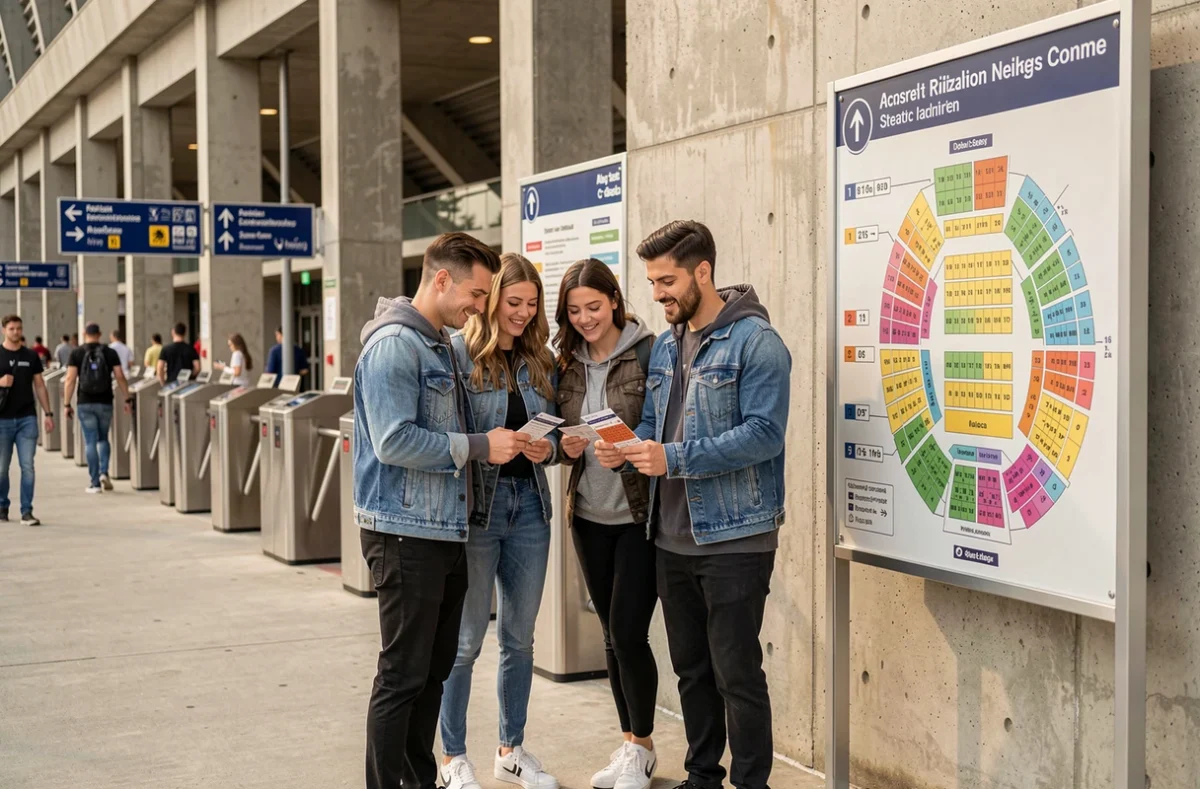 Groupe de spectateurs consultant leurs billets et la signalétique des catégories de places à l'entrée du Stade de France avant un concert