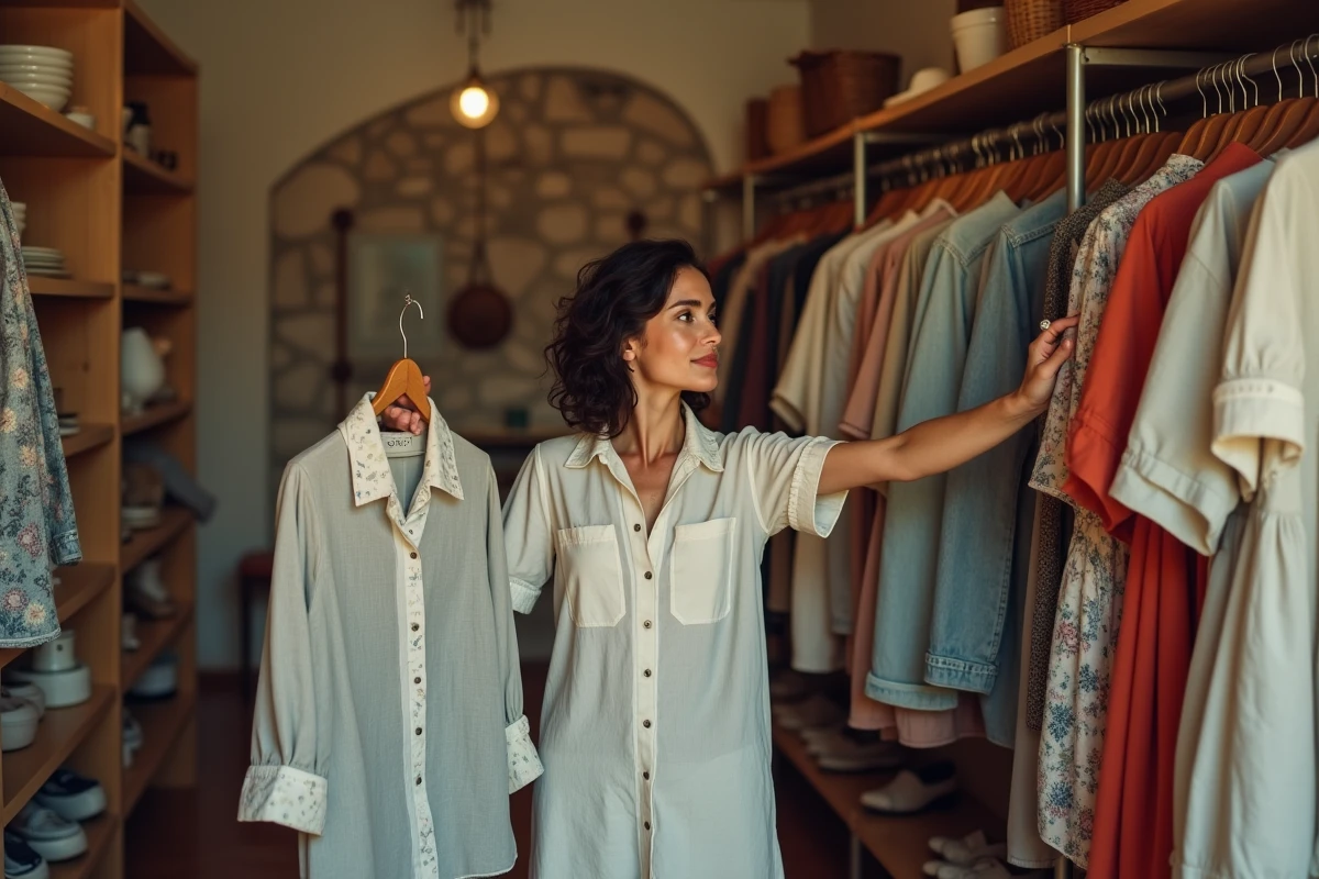Femme parcourant des vêtements vintage dans une boutique de mode du quartier historique de Cagliari en Sardaigne