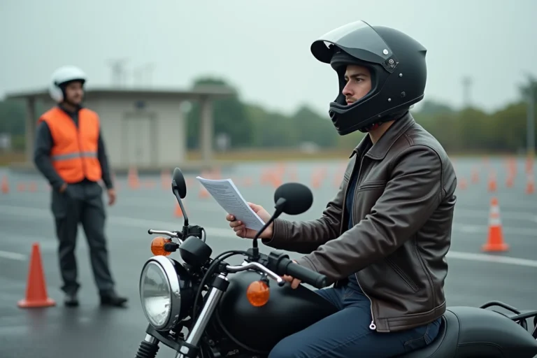 Candidat au permis moto recevant des instructions d'un examinateur sur un circuit de test officiel avec des cônes orange