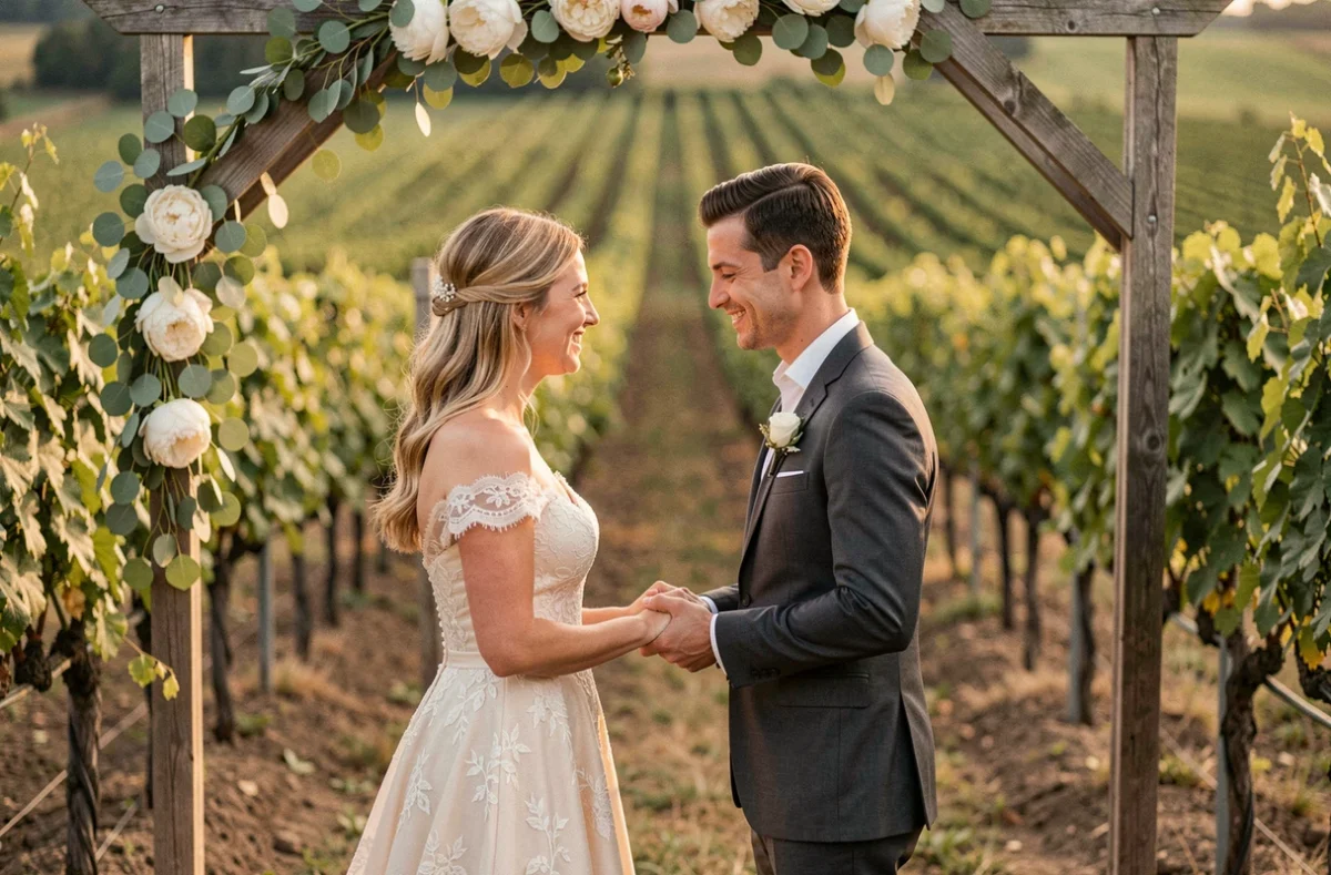 Mariés échangeant leurs vœux lors d'une cérémonie en plein air dans un vignoble français, décorée d'une arche florale en pivoines blanches et eucalyptus