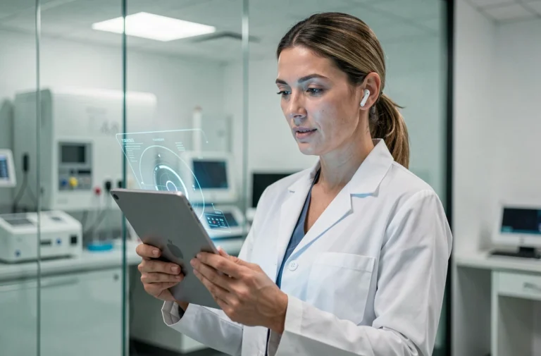 Chercheuse en blouse blanche interagissant avec une interface de santé numérique sur tablette dans un laboratoire médical moderne