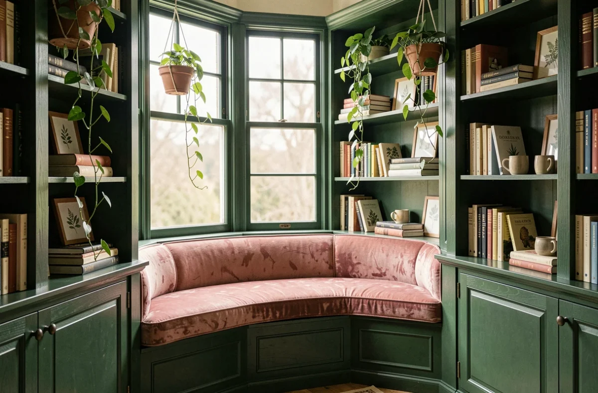 Coin lecture cosy aménagé en alcôve avec bibliothèque verte, velours rose et plantes suspendues dans une maison pleine de caractère