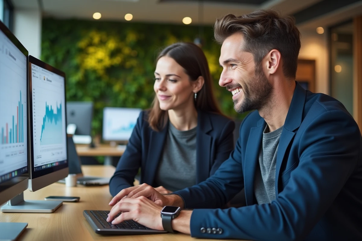 Deux collègues analysant des données de revenus en ligne dans un espace de coworking moderne
