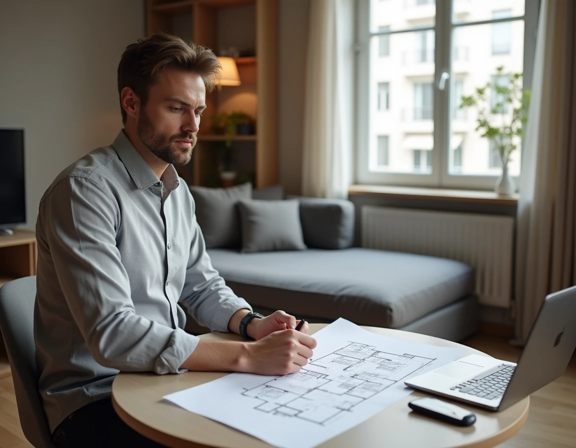 Designer d'intérieur étudiant les plans d'un studio de 25 mètres carrés pour optimiser l'agencement d'un appartement en ville
