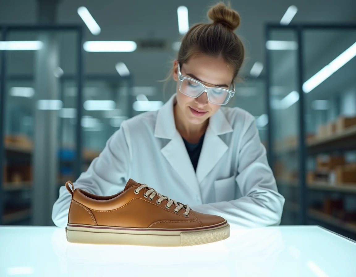 Inspectrice qualité examinant une chaussure en cuir finie dans une usine de chaussures espagnole contemporaine