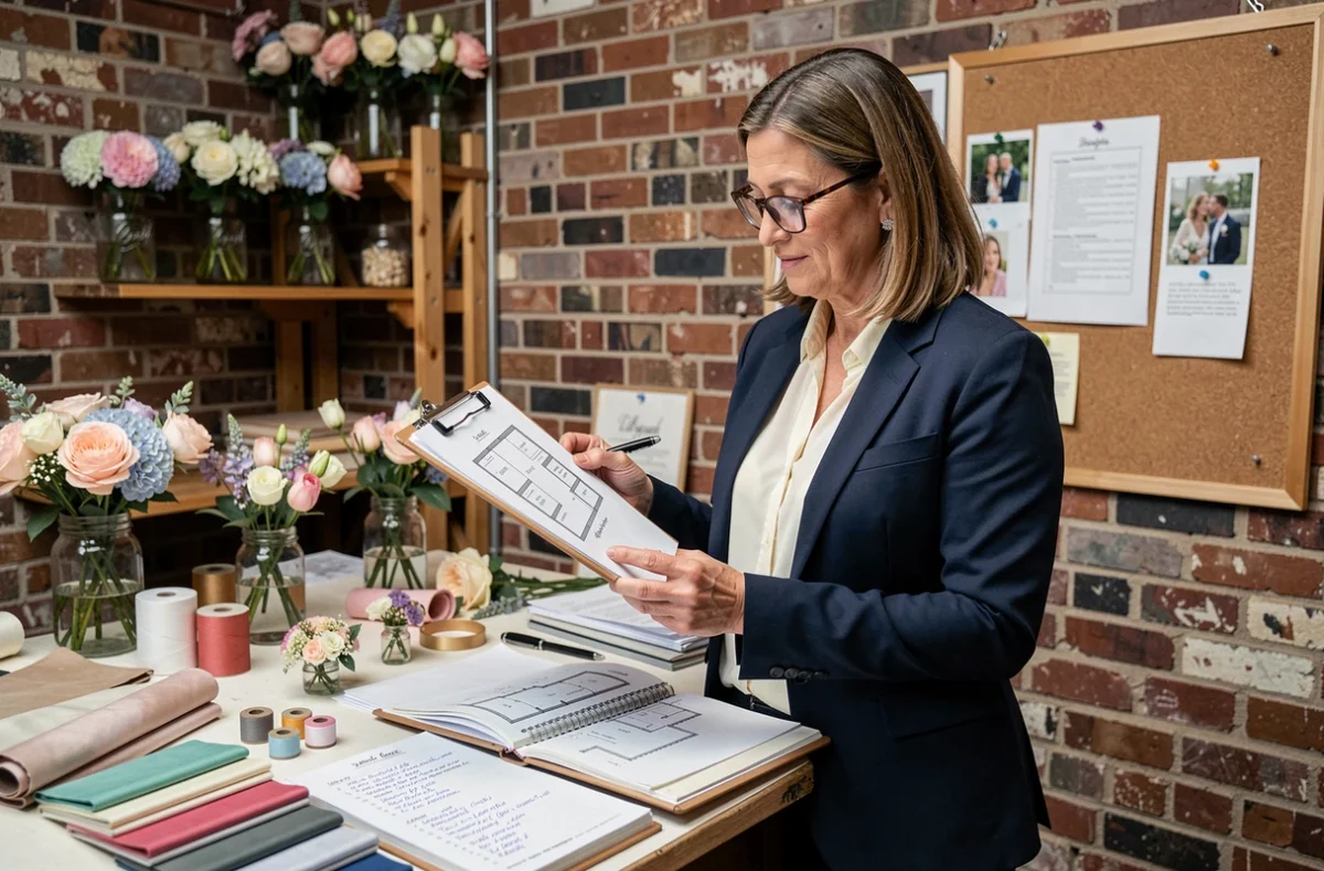 Coordinatrice de mariage professionnelle examinant les plans de table et les arrangements floraux dans une salle de préparation, entourée d'échantillons et d'un tableau d'inspiration