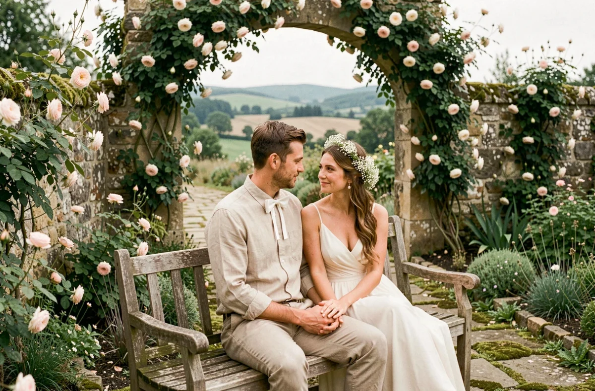 Mariés assis dans un jardin champêtre, le marié portant un nœud papillon blanc en coton, sous une arche de roses en pierre