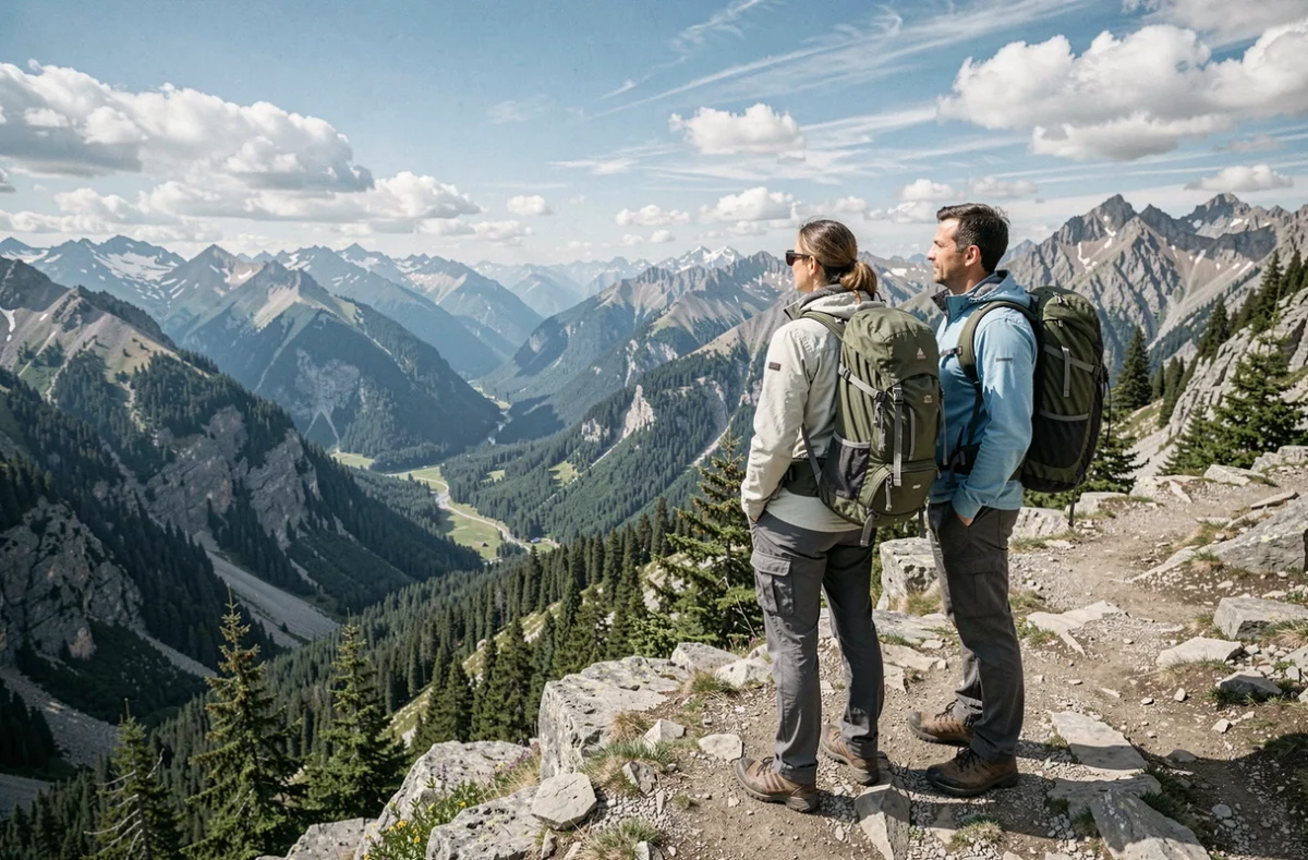 Couple de randonneurs admirant un panorama de montagne depuis un belvédère alpin lors d'un voyage aventure