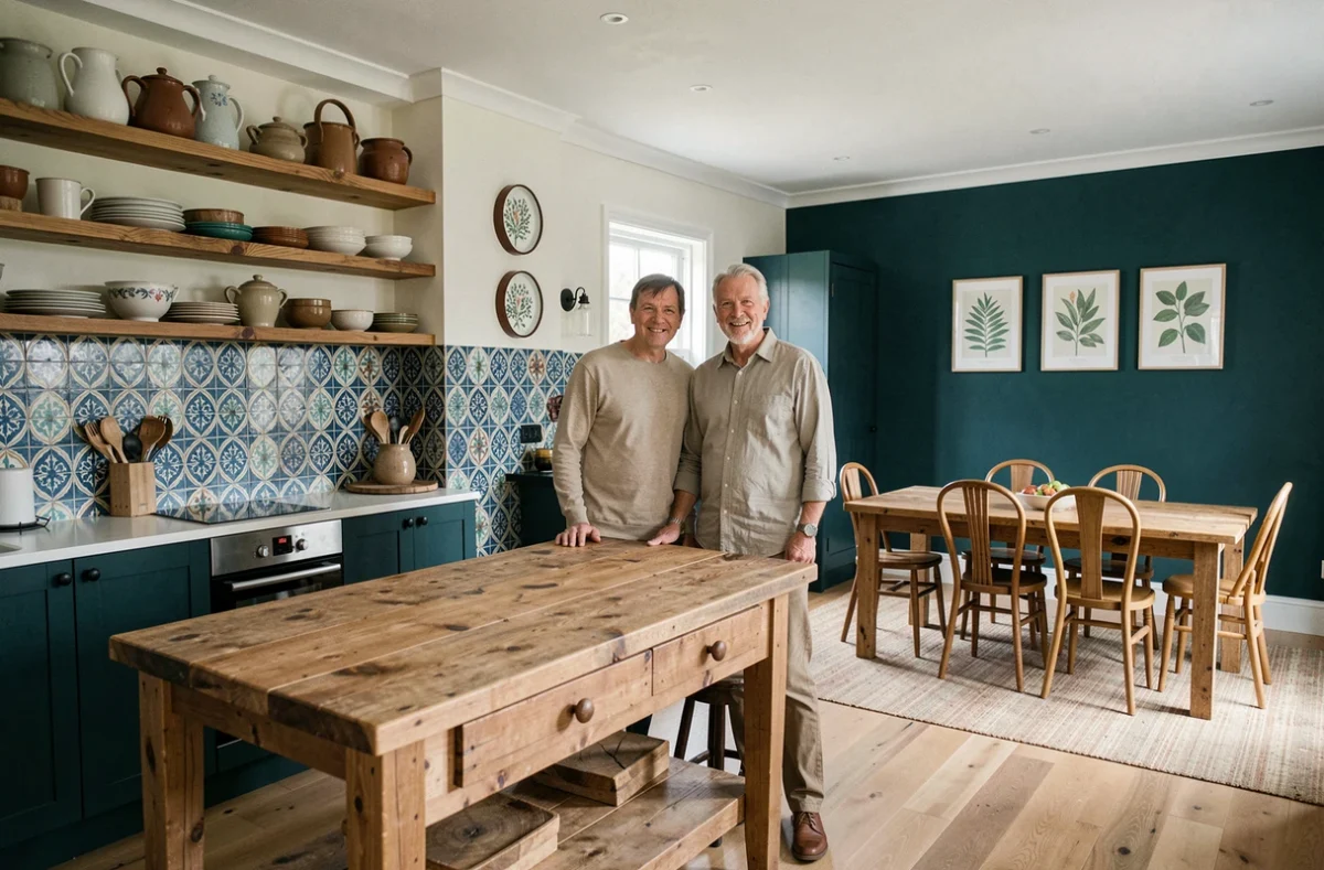 Couple dans une cuisine ouverte au design artisanal avec carrelage zellige et étagères en bois vintage