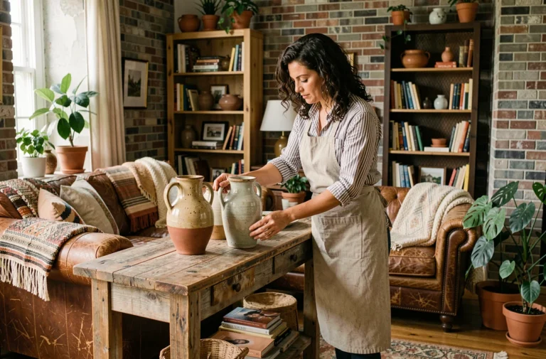 Femme arrangeant des vases vintage sur un meuble en bois brut dans un salon au décor éclectique et chaleureux