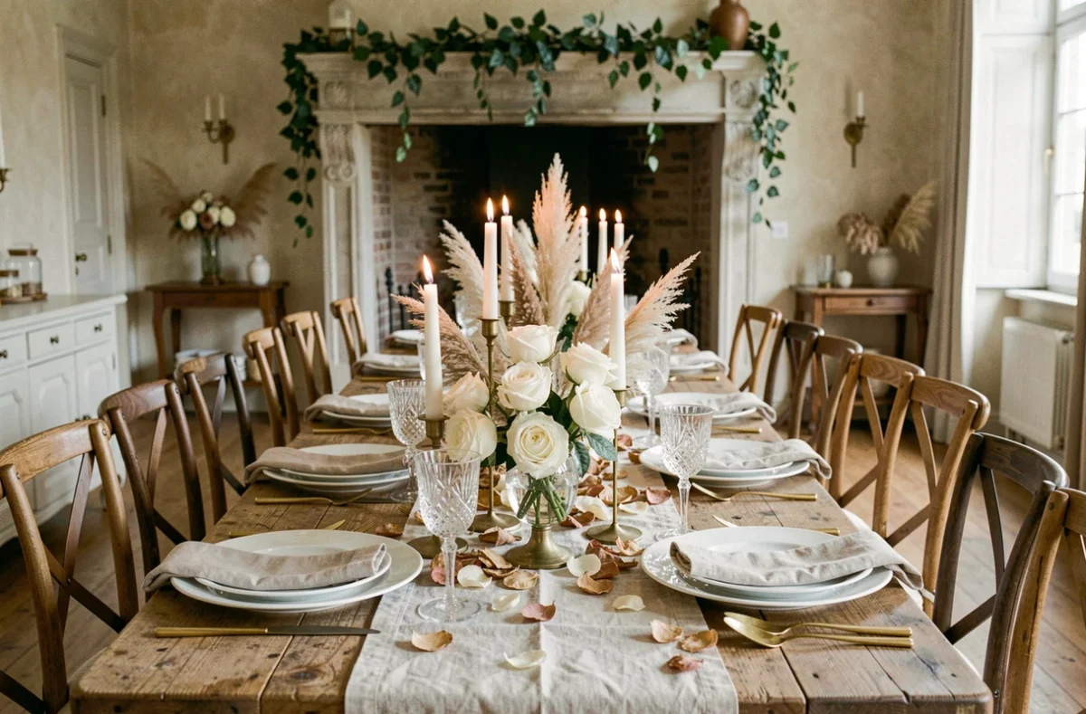 Table de réception de mariage décorée avec élégance dans un château français, avec des roses blanches, des chandeliers en laiton et une vaisselle en porcelaine fine