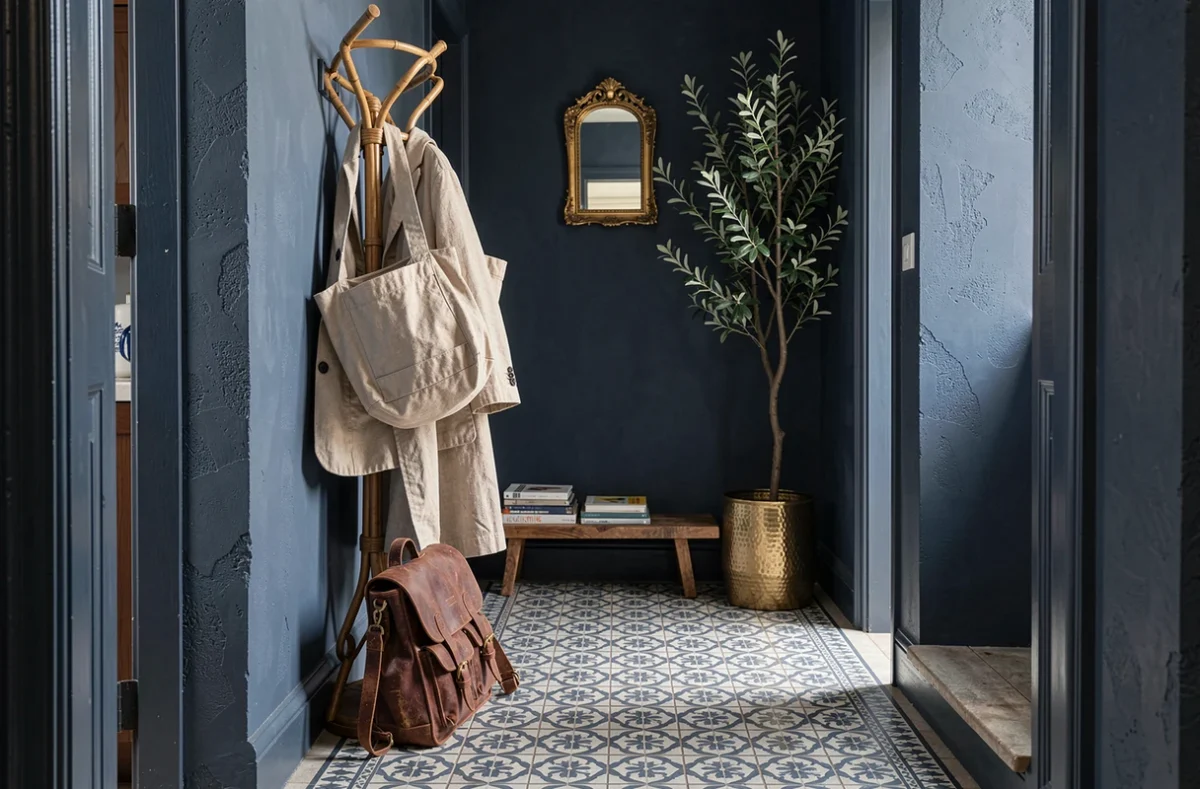 Couloir entrée maison au décor unique avec mur indigo, carrelage en ciment et porte-manteau en rotin vintage