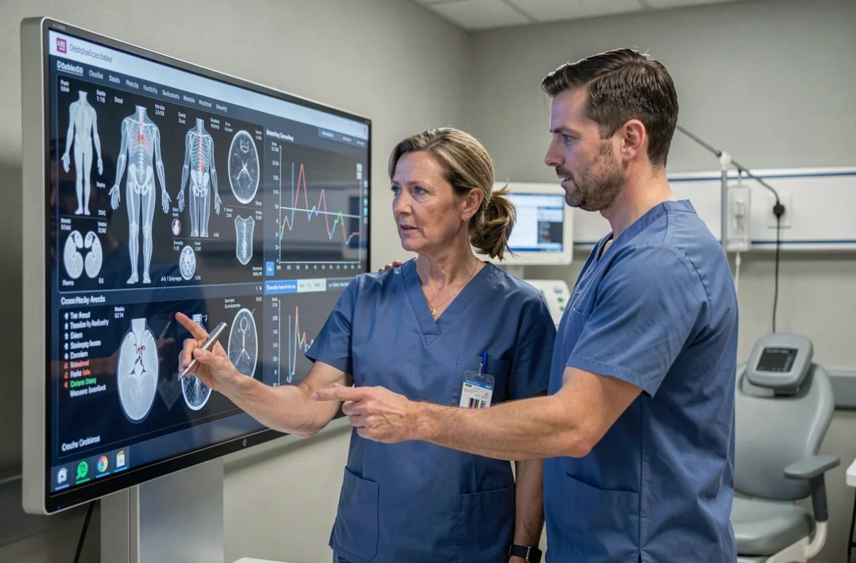 Équipe médicale analysant des données diagnostiques sur un écran numérique avancé dans une salle de consultation hospitalière