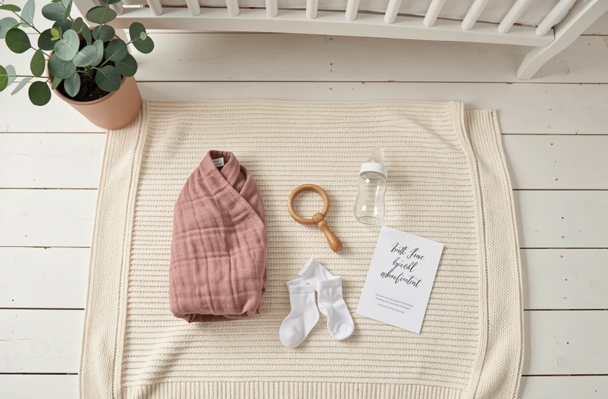 Disposition de produits essentiels pour accueillir un nouveau-né sur une couverture en tricot dans une chambre de bébé épurée
