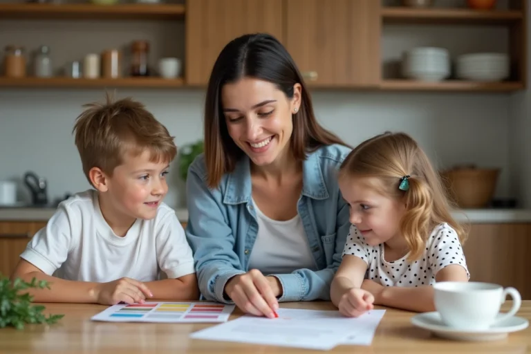 Mère souriante avec ses enfants devant un tableau de règles
