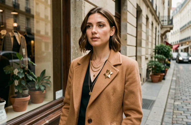 Femme élégante portant des colliers dorés superposés et une broche géométrique sur un manteau camel, dans une rue pavée parisienne