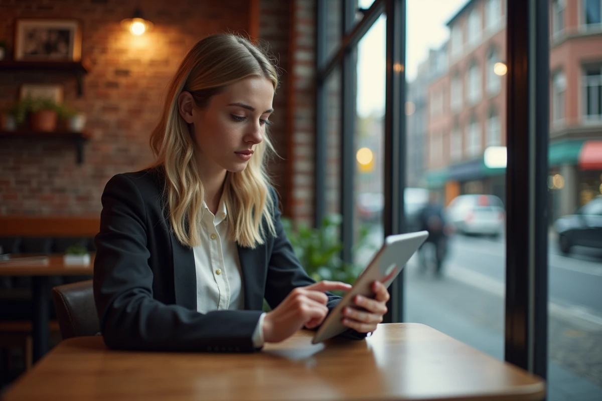 Jeune femme analysant des données sur une tablette dans un café