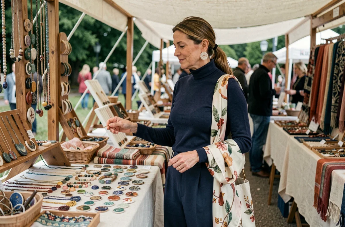 Femme aux boucles d'oreilles sculptées et foulard en soie peint choisissant des bijoux artisanaux dans un marché en plein air
