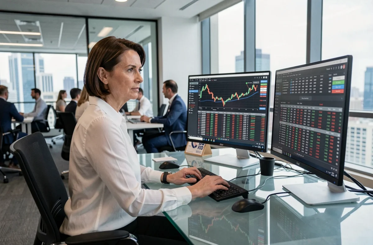 Femme cadre examinant des tableaux de bord de trading en ligne dans un bureau moderne, symbolisant la vigilance nécessaire face aux limites des plateformes d'investissement comme eToro
