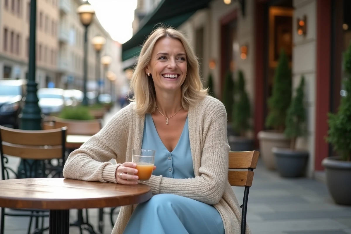 Femme riant en robe midi et cardigan en terrasse de café