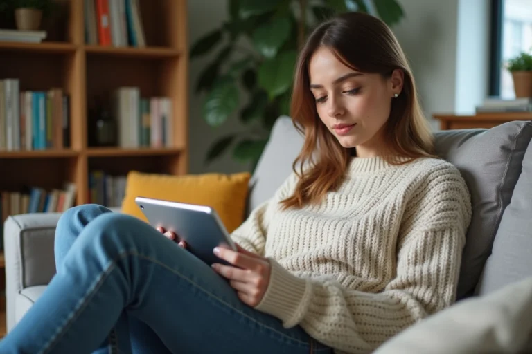 Femme détendue avec tablette dans un salon cosy