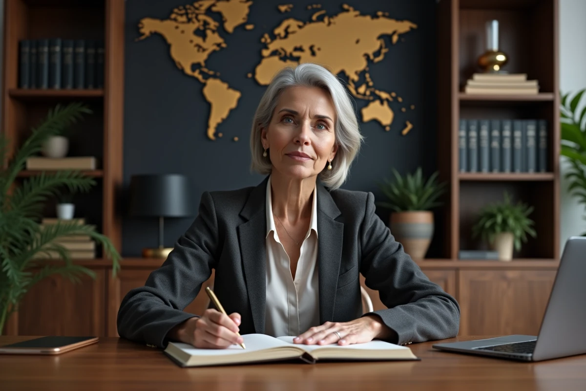 Femme dirigeante en blazer anthracite prenant des notes dans un bureau exécutif élégant, symbolisant la stratégie et la planification clés du succès en affaires