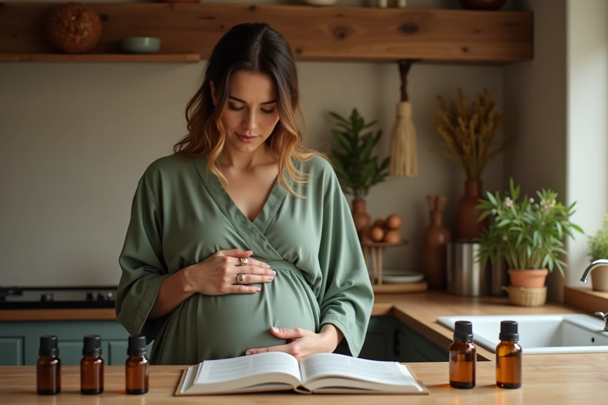Femme enceinte consultant un livre sur l'aromathérapie avec des flacons d'huiles essentielles sur un plan de travail en bois