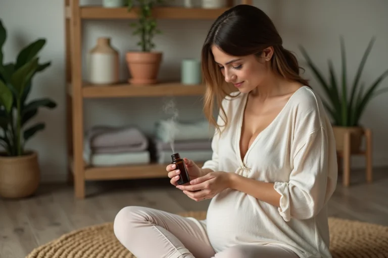 Femme enceinte assise tenant un flacon d'huile essentielle dans un intérieur naturel et apaisant
