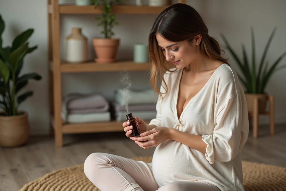 Femme enceinte assise tenant un flacon d'huile essentielle dans un intérieur naturel et apaisant