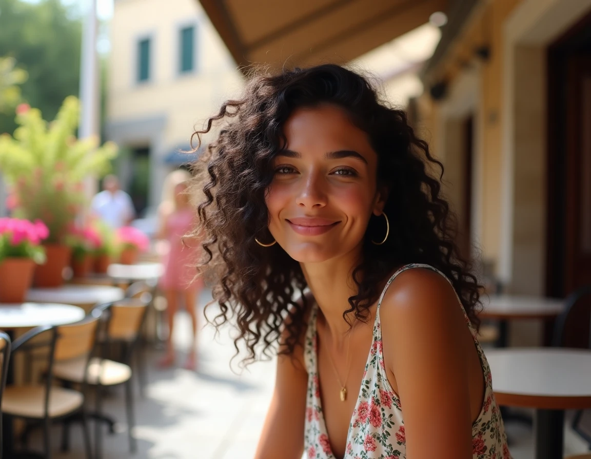 Jeune femme aux origines méditerranéennes attablée à une terrasse de café dans une ville du sud de l'Europe, atmosphère familiale et ensoleillée