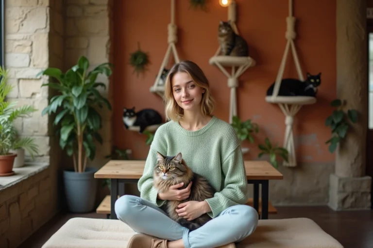 Jeune femme détendue caressant un chat tigré sur ses genoux dans un bar à chats cosy à Lyon, ambiance chaleureuse et apaisante de la ronronthérapie