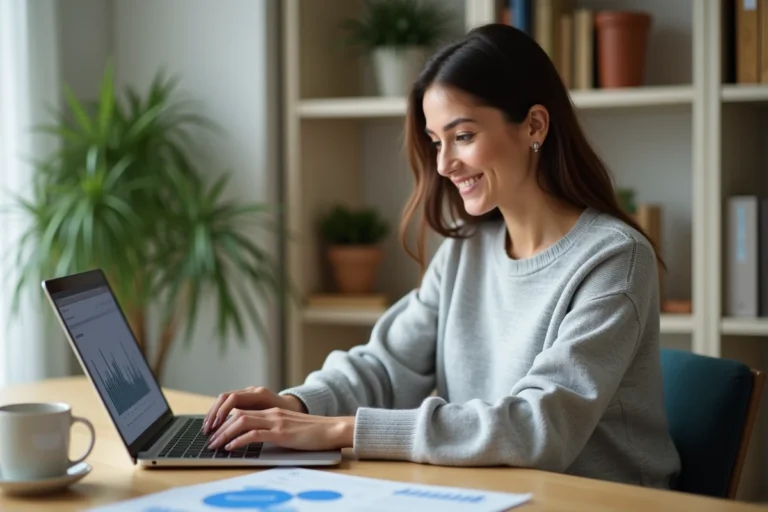 Femme travaillant sur son ordinateur portable pour gagner de l'argent en ligne depuis son bureau à domicile
