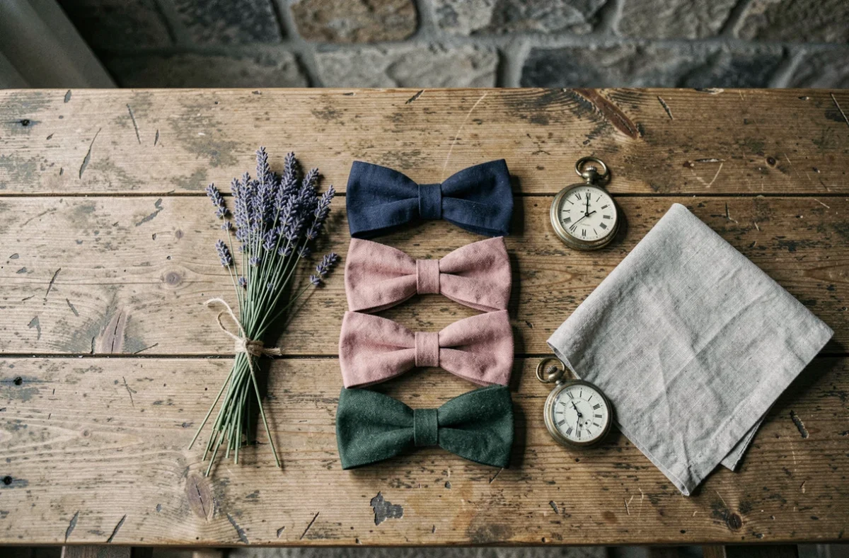 Flat lay de nœuds papillon en lin et coton avec accessoires de mariage champêtre sur une table en chêne ancien
