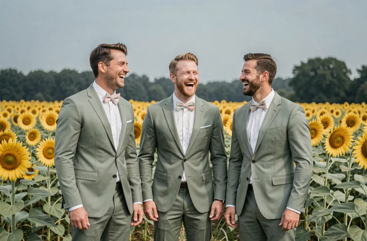 Trois garçons d'honneur en costume vert sauge avec des nœuds papillon fleuris dans un champ de tournesols pour un mariage champêtre
