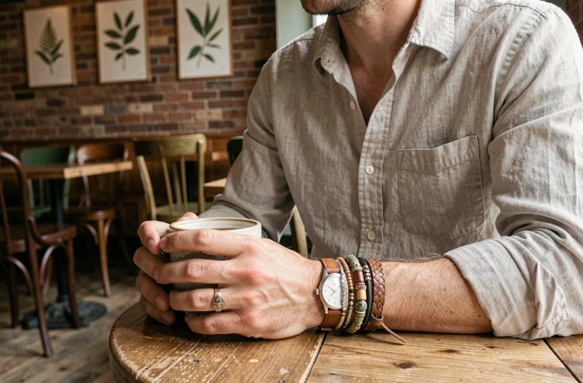 Homme avec bracelet artisanal, montre cuir et bague chevalière posant dans un café indépendant au décor vintage