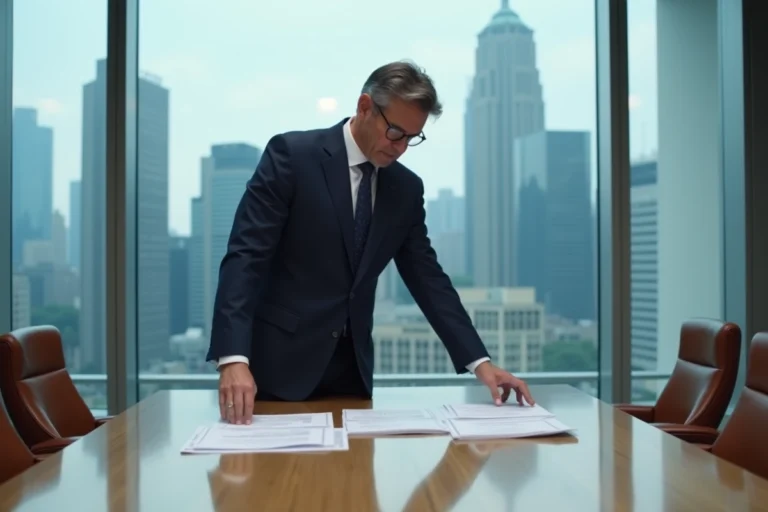 Homme d'affaires confiant en costume marine examinant des documents dans une salle de réunion avec vue sur une skyline urbaine, illustrant les leçons de réussite entrepreneuriale