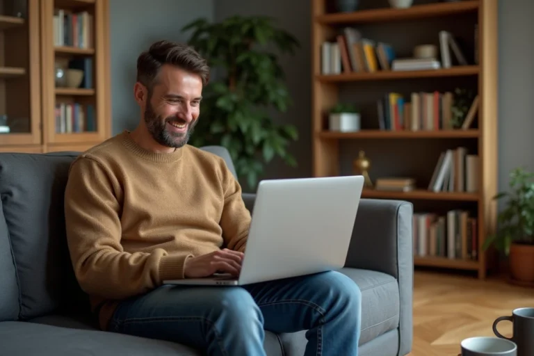 Homme d'âge moyen relaxe sur un canapé moderne à la maison
