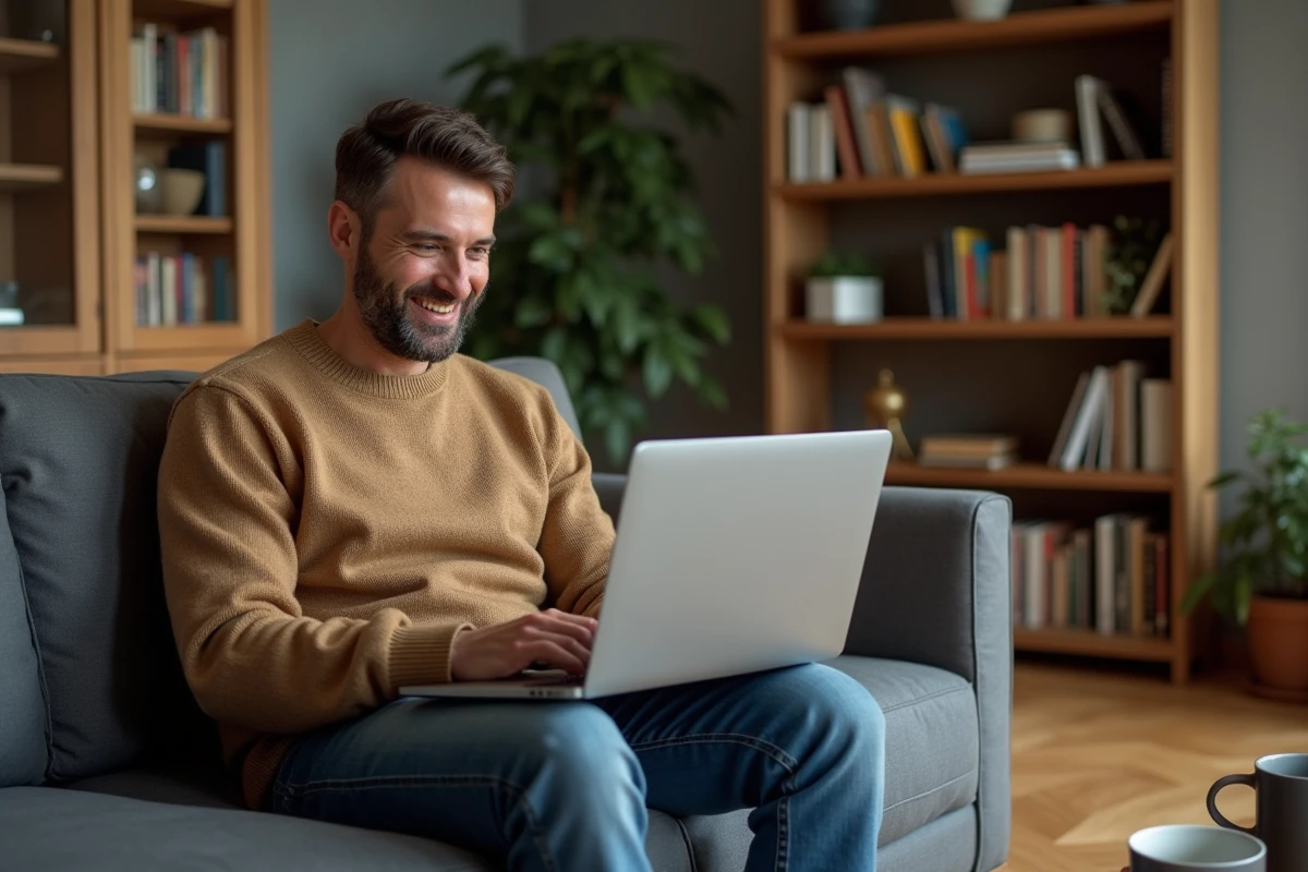 Homme d'âge moyen relaxe sur un canapé moderne à la maison