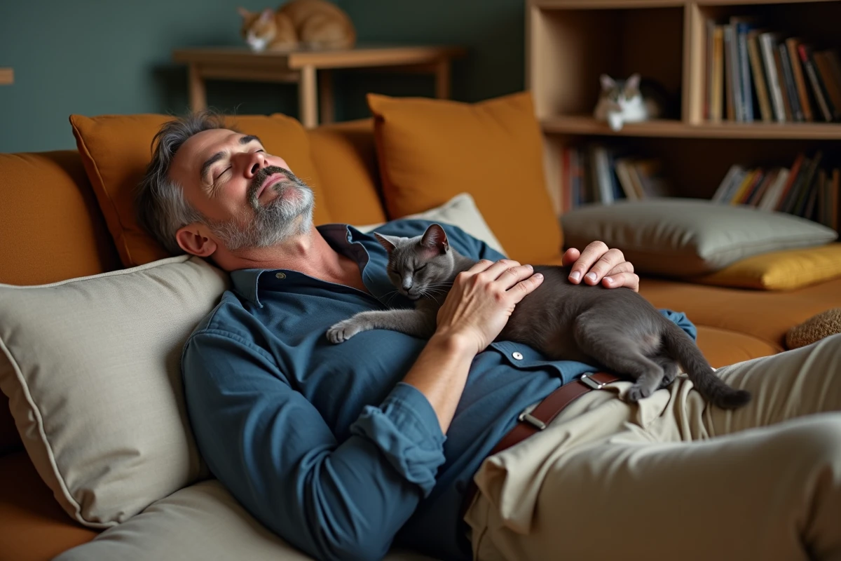 Homme adulte allongé sur un coussin de sol avec un chat gris posé sur sa poitrine dans un café félin à Lyon, moment de ronronthérapie et de bien-être