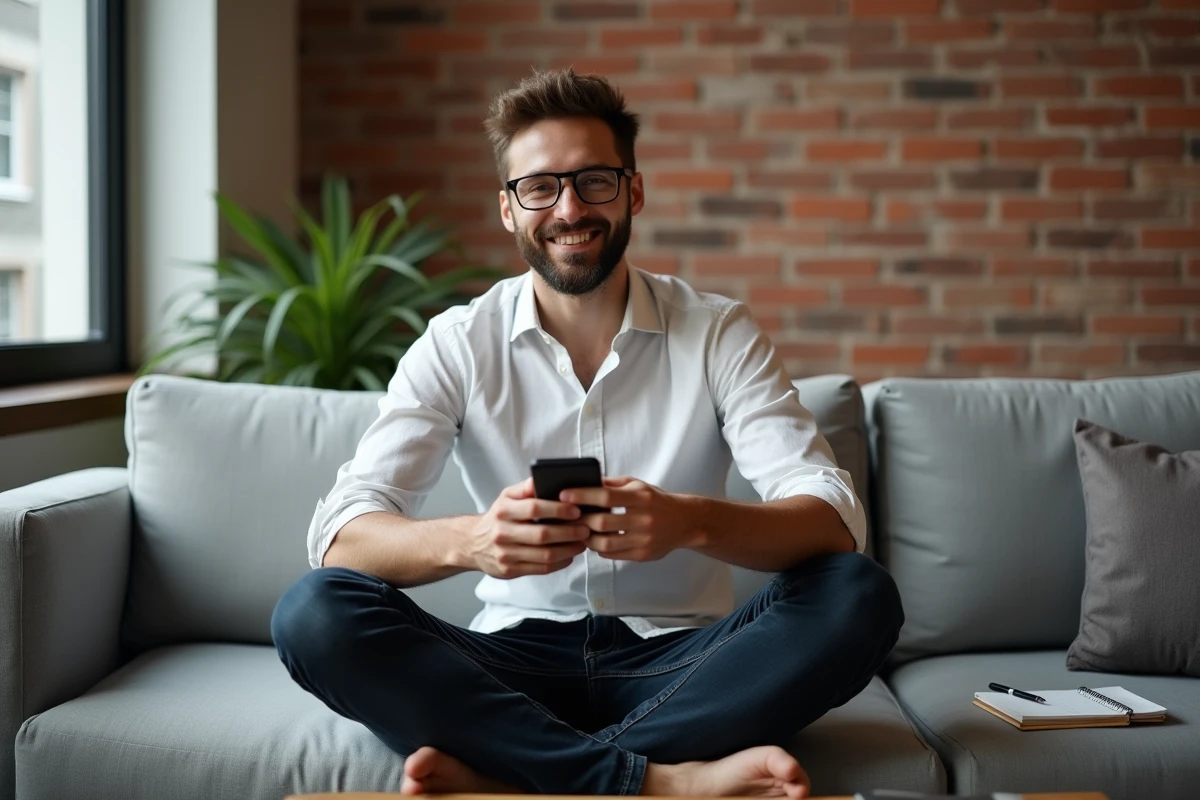 Homme recevant un paiement en ligne sur son smartphone pour une activité de freelance à domicile