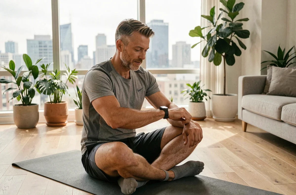 Homme en tenue de sport consultant les données de santé sur sa montre connectée dans un salon moderne et végétalisé
