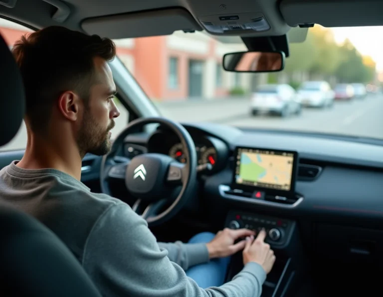 Homme inspectant l'écran GPS de navigation sur le tableau de bord d'une Citroën C3