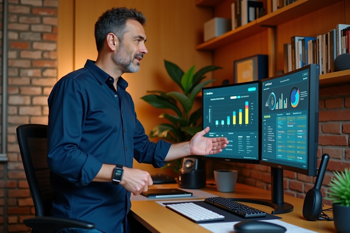 Homme entouré de gadgets technologiques testant des innovations numériques dans son bureau à domicile