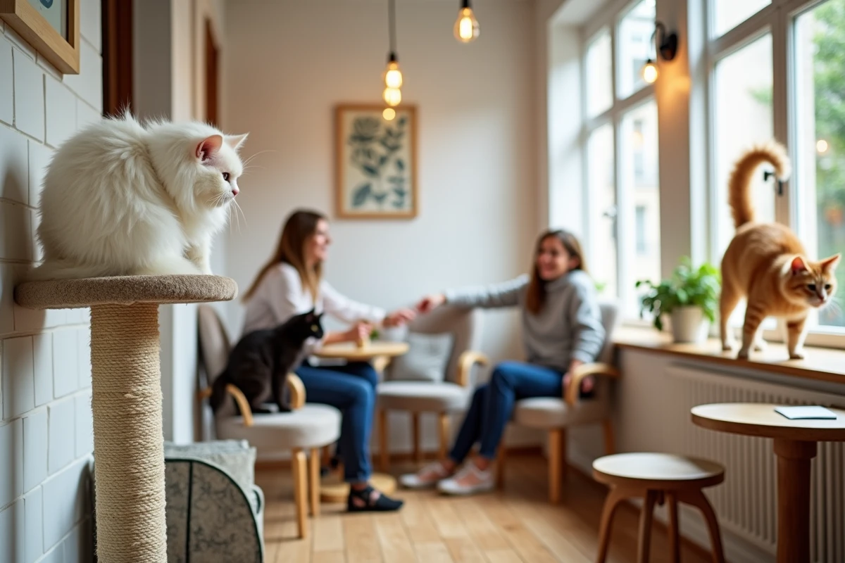 Intérieur chaleureux d'un bar à chats à Lyon avec plusieurs chats de différentes races et des clientes souriantes, espace de ronronthérapie et de détente féline